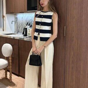 Multicolor Casual Women's Wide Stripe Round Neck button down knit vest top